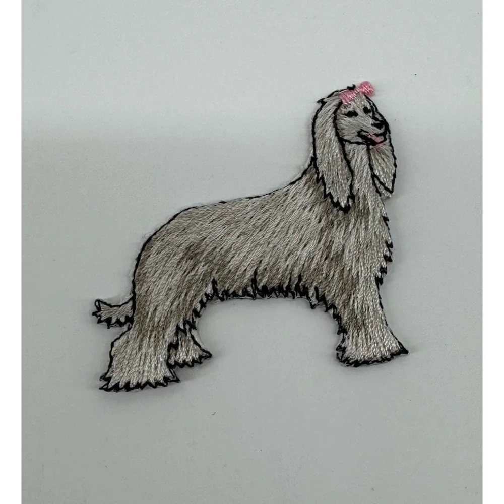 Vintage Embroidered Lhasa Apso Dog Patch Sew On Applique Cute Pink Bow Puppy